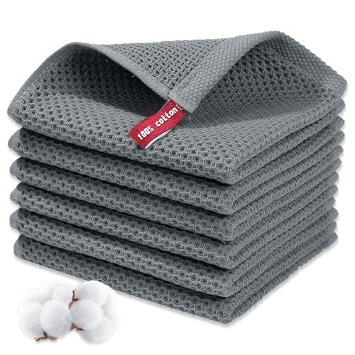 KASURE 6 Stück Geschirrtücher 100% Baumwolle, 34cm*34cm Weiche Geschirrhandtücher, Saugfähige Küchenhandtücher, Spültuch, Microfaser Putztücher(Dunkelgrau) von KASURE