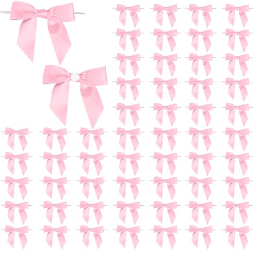 KASURE 60 Stück Satinband Schleifen Selbstklebend, Rosa Geschenkschleifen, Fertige Kleine Schleifen, Satinschleifen mit Draht für Hochzeit Geburtstag Geschenkverpackungen DIY Handwerk Verzierungen von KASURE