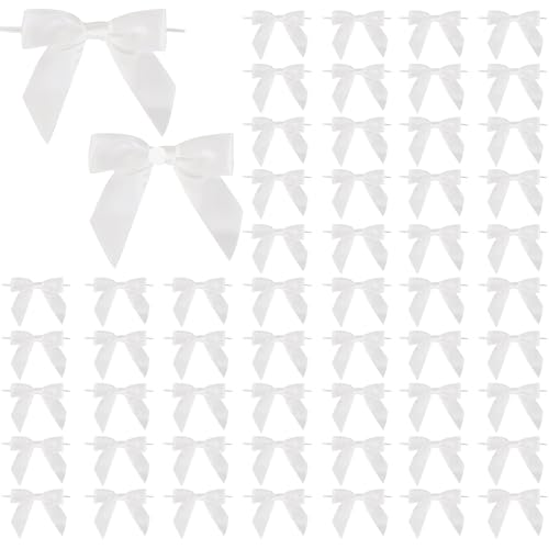 KASURE 60 Stück Geschenkschleifen, Weiß Schleife mit Draht zum Geschenkverpackung, Satinband Schleifen Selbstklebend für Hochzeit Geburtstag Geschenkverpackungen DIY Handwerk Verzierungen von KASURE