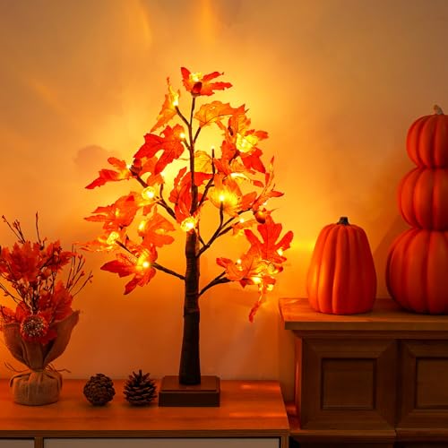 KASZOO Herbstdeko Ahornblatt Lichterbaum mit 24 LEDs – 60cm LED Baum mit Timer - USB &Batteriebetrieben, Lichterbaum Halloween Deko Für Hochzeit, Erntedankfest von KASZOO
