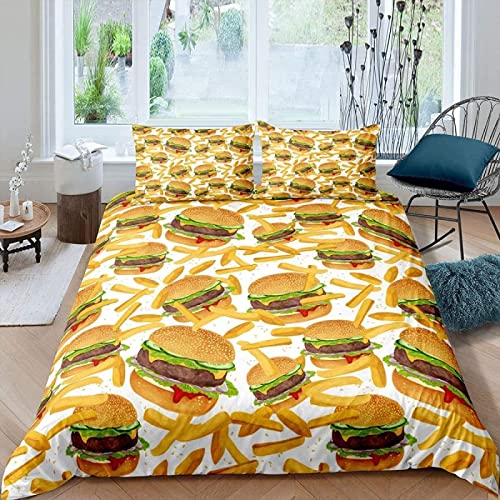 KATATI Bettwäsche 135x200 Burger Pommes, 3D Burger Pommes Bettwäsche-Sets Winter Weich Kuschelige Mikrofaser Bettwaren 1 x Bettbezug mit 2 x Kissenbezug 80x80 cm mit Reißveschluss von KATATI