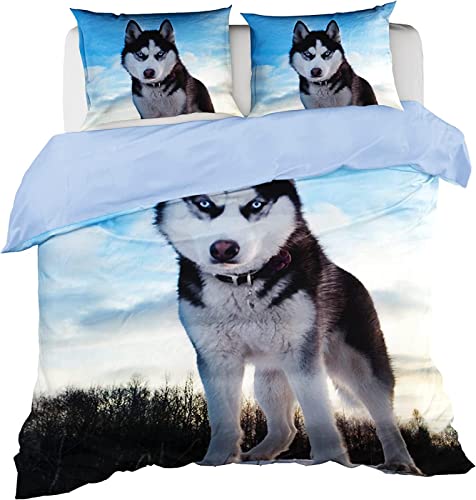 KATATI Bettwäsche 220x240 Husky Hund, 3D Husky Hund Bettwäsche-Sets Winter Weich Kuschelige Mikrofaser Bettwaren 1 x Bettbezug mit 2 x Kissenbezug 80x80 cm mit Reißveschluss von KATATI