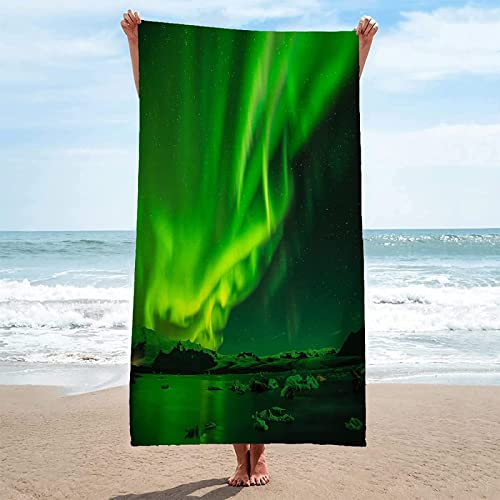 KATATI Grüne Polarlichter Strandtuch 80x160 cm, Weich Schnell Trocknen Microfaser Handtücher, 3D Strandhandtuch Grüne Polarlichter Badetuch Strandlaken Handtuch, Herren Frauen Badetücher von KATATI