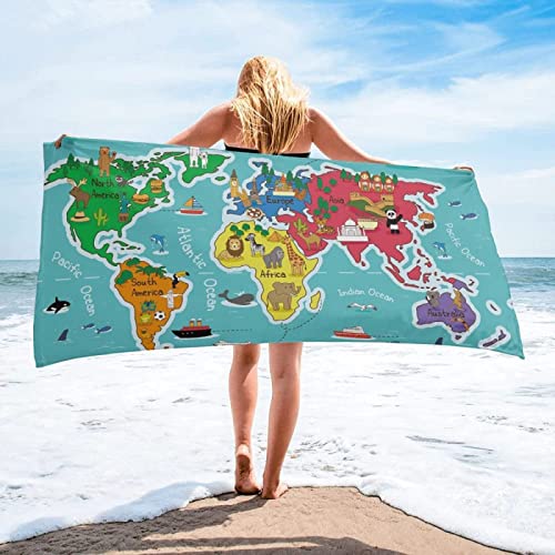 Weltkarte Strandtuch Kinder 70x150 cm, Weich Schnell Trocknen Microfaser Handtücher, 3D Strandhandtuch Weltkarte Badetuch Strandlaken Handtuch, Herren Frauen Badetücher von KATATI