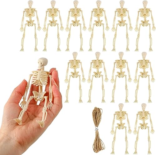 KATELUO 12Pcs Halloween Skelett Deko Mini,Halloween Deko Skelett Klein,Plastik Skelett Klein Halloween,mit 10 Meter Hanfseil,Geeignet für Halloween-Party, Spukhaus-Requisiten, Horror-Party von KATELUO