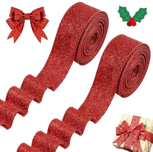Geschenkband Weihnachten, 2 Roll Weihnachtsbänder für Bastelarbeiten, 20 Yards Geschenkband Rot, Weihnachten Deko Schleifenband, Weihnachten Dekoband für Geschenk Weihnachtsbaum Dekoration von KATELUO