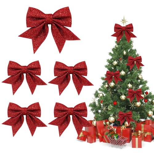KATELUO 5 Stück Rote Schleifen Weihnachten Glitzer,Glitzer Weihnachtsbaum Schleifen,weihnachtsschleifen Dekoration,für Weihnachten,Party,Baumkranz Dekorationen,Geschenk von KATELUO