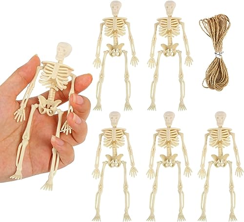 KATELUO 6Pcs Mini Skelett Deko Mit 5 Meter Hanfseil - Kleines Plastik Skelett für Halloween-Party, Spukhaus-Requisiten, Horror-Party von KATELUO