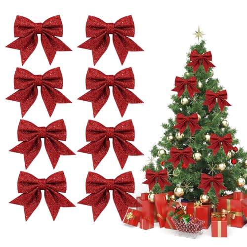 KATELUO 8 Stück Rote Schleifen Weihnachten,Glitzer Schleifen,Glitzer Weihnachtsbaum Schleifen,weihnachtsschleifen Dekoration,für Weihnachten,Party,Baumkranz Dekorationen,Geschenk von KATELUO