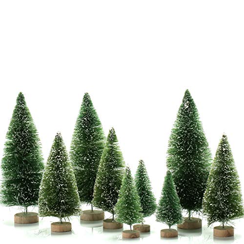 KATELUO 9 Stück Mini Tannenbaum,Künstlicher Weihnachtsbaum Miniatur,Mini Weihnachtsbaum Künstlicher,Weihnachtsbaum Schnee Klein mit Holzsockel,Weihnachtsdeko/Tischdeko/DIY/Schaufenster,3Größen (Grün) von KATELUO