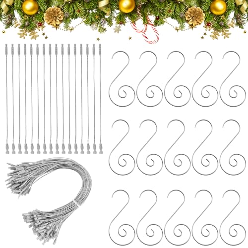 KATELUO Haken für Weihnachtskugeln, Christbaumkugeln Haken, 100 Haken + 100 Seile, Weihnachtskugel Aufhänger, Weihnachten Schnapp Verschluss Seile für Weihnachtsdekorationen (Silber) von KATELUO