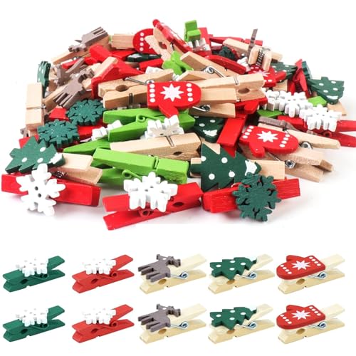 Weihnachten Holz Clips,100 Stück Holzklammern Weihnachten,Weihnachten Klammern,Weihnachtsklammern, Kleine Klammern Holz Weihnachten, Kleine Holzklammern für Fotos Weihnachten von KATELUO