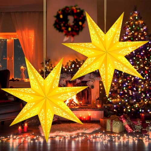 Papierstern zum Aufhängen, 3D Weihnachtsstern Beleuchtet LED Papierstern Beleuchtet, Papierstern mit Beleuchtung, Faltstern Weihnachten Papierstern Lampenschirm Papier Weihnachtsstern Fensterdeko von KATELUO