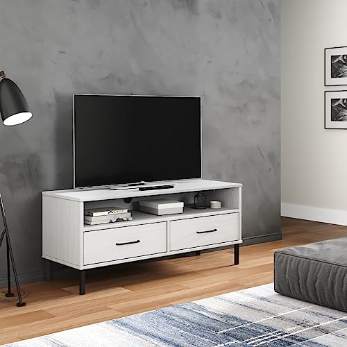 KATERYY TV-Schrank mit Metallbeinen Weiß Massivholz Kiefer TV-Bänke Möbel von KATERYY