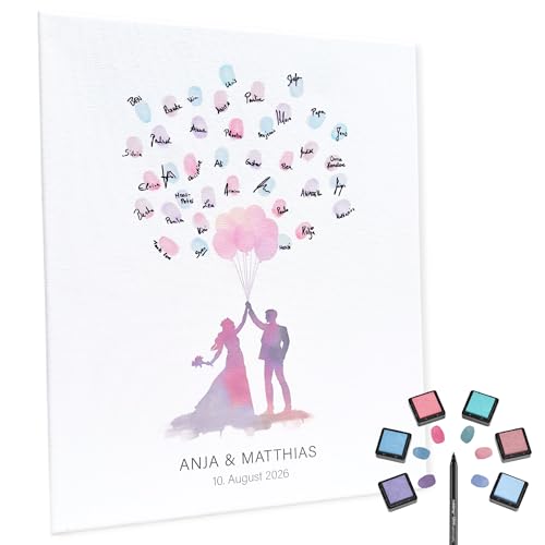 KATINGA Personalisierte Leinwand zur Hochzeit - Bild für Fingerabdrücke mit Brautpaar in Aquarell - Gästebuch als Geschenkidee (40x50cm personalisierbar) von KATINGA