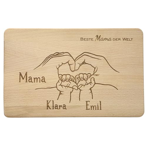 KATINGA Personalisiertes Frühstücksbrett Mama | Ideal für Muttertag | mit Gravur für bis zu 4 Kinder (Herz-Hände) von KATINGA
