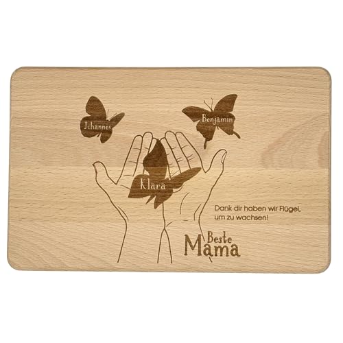 KATINGA Personalisiertes Frühstücksbrett Mama | Ideal für Muttertag | mit Gravur für bis zu 4 Kinder (Schmetterlinge) von KATINGA