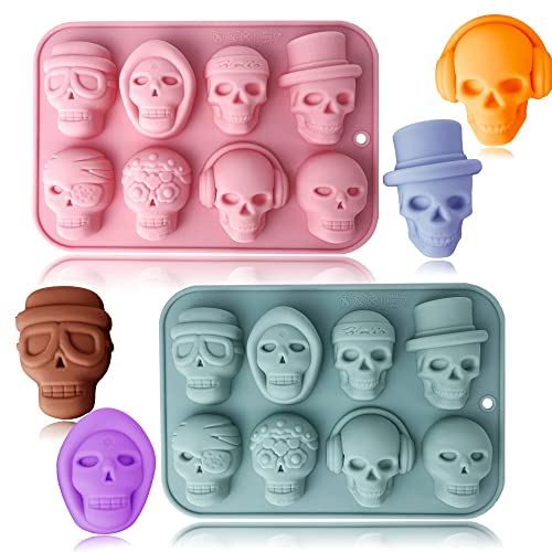 KATISHYRO 2 Stück 3D Schädel Silikonformen 8 Hohlraum Schädel Thema Backform Tablett DIY Backen Werkzeug für Schokoladenkuchen Dessert Süßigkeit Mousse Gebäck Handmade Seife Cupcake Topper von KATISHYRO