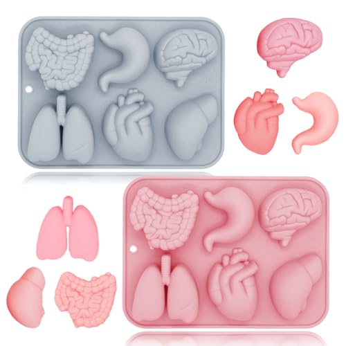 3D Human Organ Silikonformen, 2 Pack realistische 6 Hohlraum Organ Themen Formen Silikon Muffin Formen für Schokolade Pudding Dessert Gelee handgemachte Seife Kerze für Halloween Party Requisiten von KATISHYRO