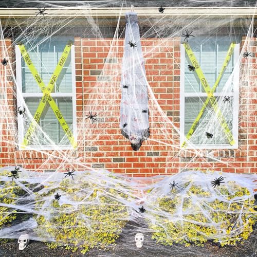 KATISHYRO Halloween Deko Spinnennetz Set,200g Dehnbare Spinnennetze und 40 Künstliche Spinnen,Realistisch Partyzubehör für Outdoor Garten Innen Horror Party Hängende Gruselig Deko von KATISHYRO