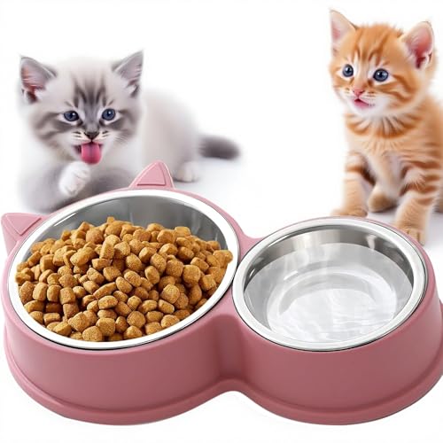 KATLKIU Doppel-Set Katzennapf aus Edelstahl, rutschfeste Unterseite, spülmaschinenfest – für Trocken- und Nassfutter, niedliches Katzendesign, verschiedene helle Farben (Rosa) von KATLKIU