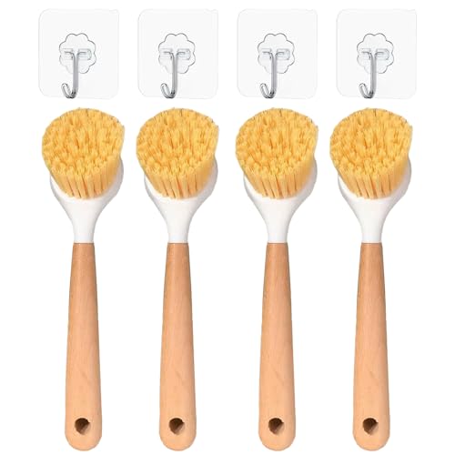 Set mit 4 Geschirrspülbürsten mit Haken, langer Griff (Länge 24 cm), natürliche Sisalborsten, Küchenbürste für Töpfe, Pfannen, Antihaft-Kochgeschirr, Besteck und Teller – umweltfreundliches und von KATLKIU