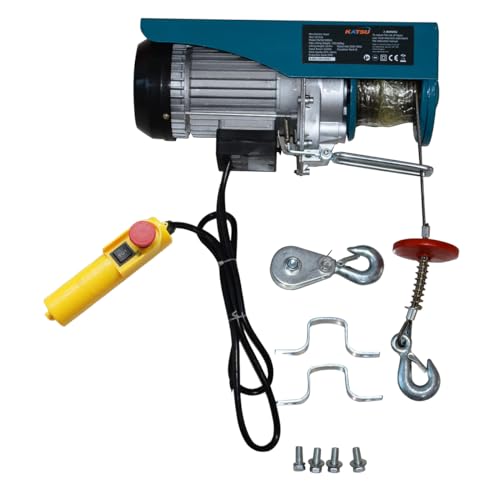 KATSU Elektrischer Seilhebezug 400KG 1000W mit 18M Stahlseil Hebezug Seilzug und Fernbedienung Elektrische Seilwinde Motorwinde Elektroseilzug für Garage, Autowerkstatt, Deckenhebebühne von KATSU Tools