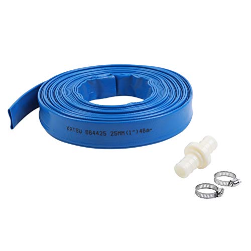 KATSU Flachschlauch Ablaufschlauch 20 m x 25 mm, mit 2 Clips und Schnellkupplungsanschluss, Passend für Tauch- und andere Wasserpumpen zum Entleeren von Teichen, Gartenbewässerung, Blau 664425 von KATSU Tools