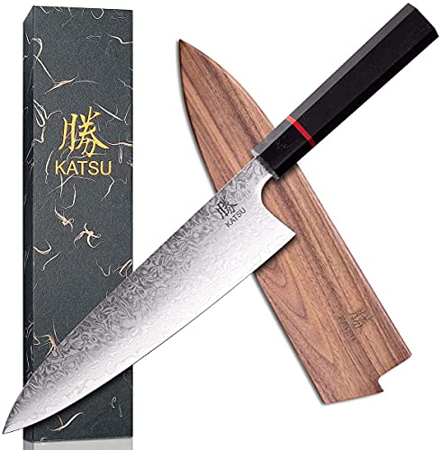 KATSU Küchenchefmesser - Damaststahl - Japanisches Küchenmesser - Handgefertigter achteckiger Holzgriff - 8-Zoll-Holzscheide & Geschenkbox von KATSU