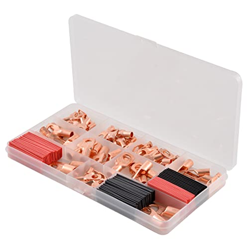 KATUR 120 Stück Kupferdrahtschuhe AWG2 4 6 8 10 12 mit Schrumpf-Set, 60 Stück robuste Batteriekabel, geschlossenes Ende, röhrenförmige Ringkabelschuhe mit 60 Schrumpfschläuchen von KATUR
