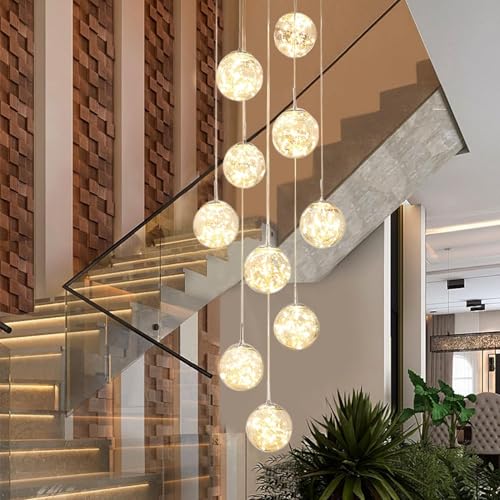 KAUCQI 200CM Hängeleuchte 10 Glaskugel LED Pendelleuchte 50W Treppenhaus Hängelampe Wohnzimmer Pendellampe Länge LED Kronleuchter Hängeleuchten mit Verstellbarer Sternenklarer von KAUCQI