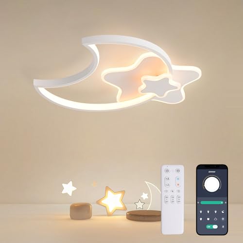 KAUCQI Led Deckenleuchte Schlafzimmer, 52CM Kinderzimmer Lampe Decke Stern Deckenlampe Kinderlampe,Dimmbar Mond Lamp mit Fernbedienung, Deckenleuchten für Kinder Mit Nachtlichtfunktion von KAUCQI