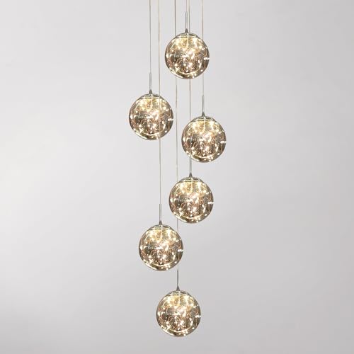 KAUCQI Led Pendelleuchte Treppenhaus Hängelampe 160CM 6 Glaskugel Wohnzimmer Hängeleuchte mit Verstellbarer Länge Kronleuchter Lamp Pendellampe für Dining Schlafzimmer von KAUCQI