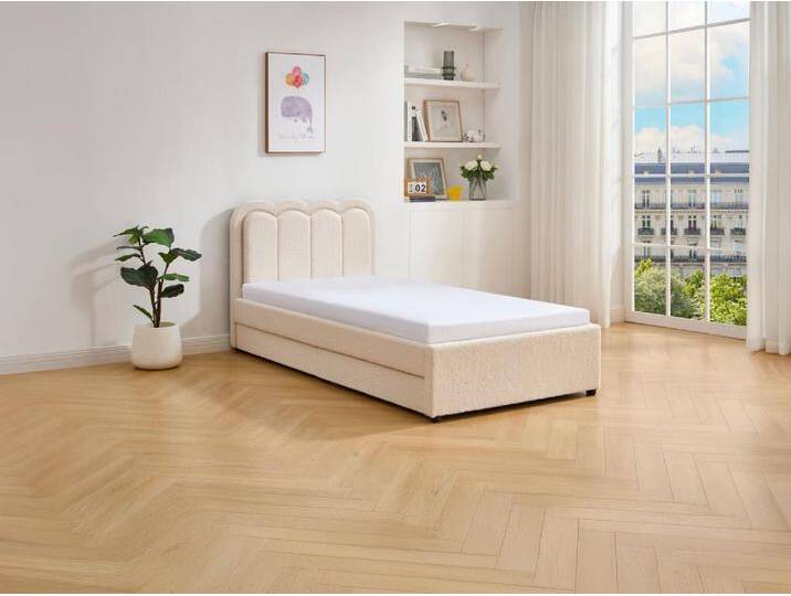 Bett 90 x 190 cm mit 2 Schubladen - Mit LEDs - Bouclé-Stoff - Creme + Matratze - NESTIAKO Bett 90 x 190 cm mit 2 Schubladen - Mit LEDs - Bouclé-Stoff - Creme + Matratze - NESTIAKO von KAUF-UNIQUE.de