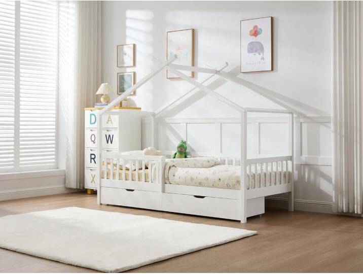 Bett in Hausoptik mit Schubladen + Matratze - 90 x 190 cm - Kiefer & MDF - Weiß - KIRALIO von KAUF-UNIQUE.de