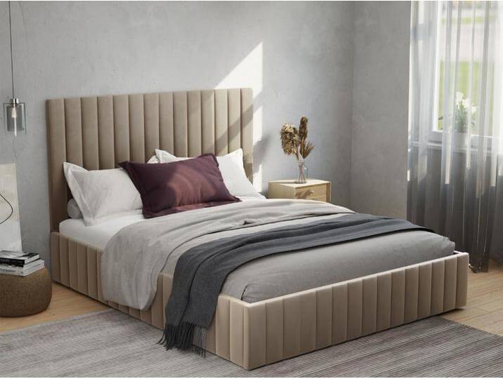 Bett mit Bettkasten + Matratze - 180 x 200 cm - Bett-Kopfteil mit vertikalen Ziernähten - Samt - Taupe - LARALI von Pascal Morabito von KAUF-UNIQUE.de