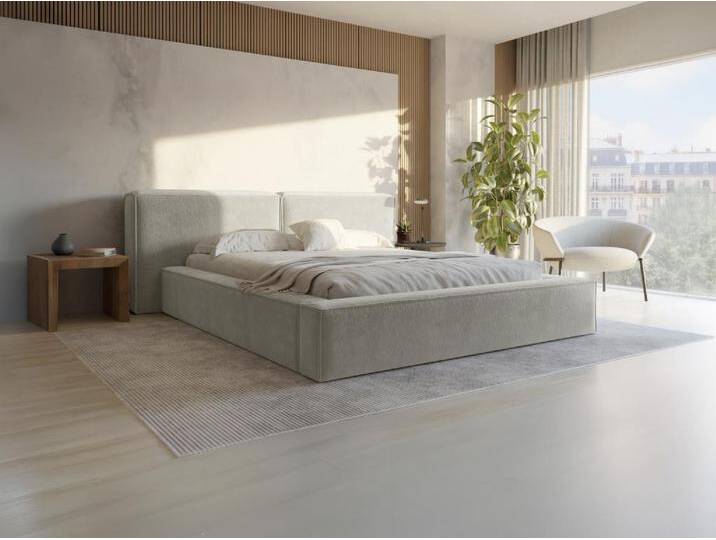 Bett mit Bettkasten + Matratze - Bouclé-Stoff - 140 x 190 cm - Beige - TIMANO von Pascal Morabito von KAUF-UNIQUE.de