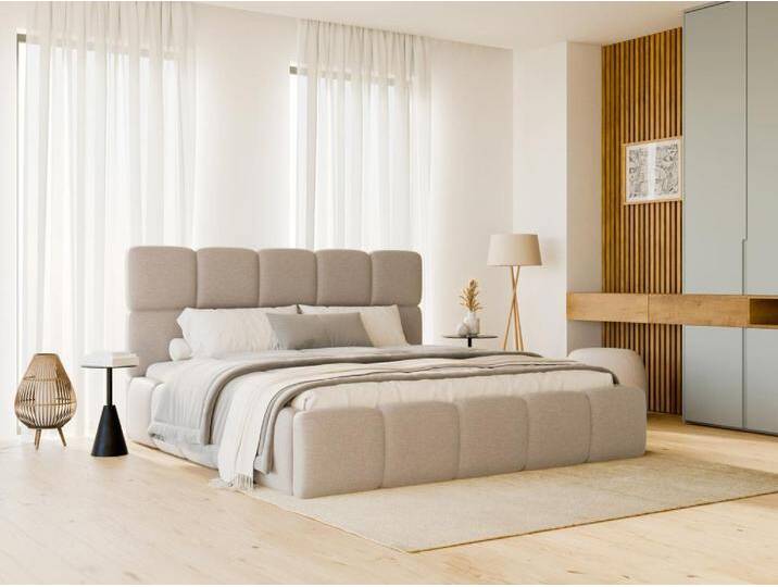 Bett mit Bettkasten - 140 x 190 cm - Melierter Stoff - Beige + Matratze - DAMADO von Pascal Morabito von KAUF-UNIQUE.de