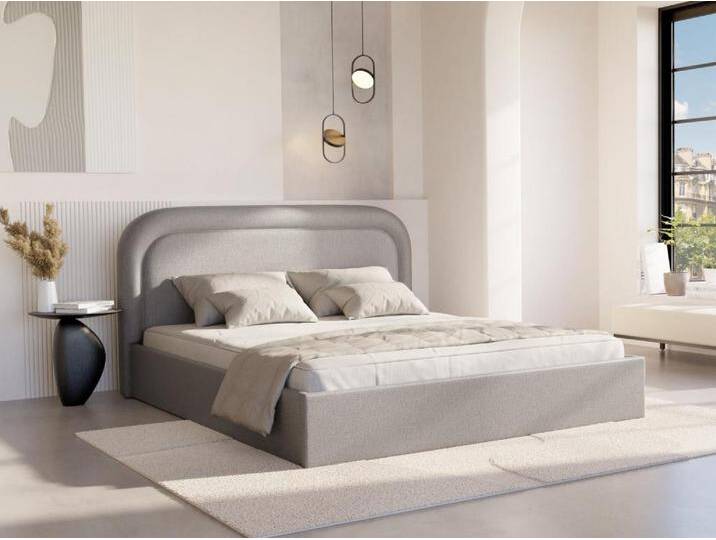 Bett mit Bettkasten - 180 x 200 cm - Melierter Stoff - Hellgrau + Matratze - FIREZA von KAUF-UNIQUE.de
