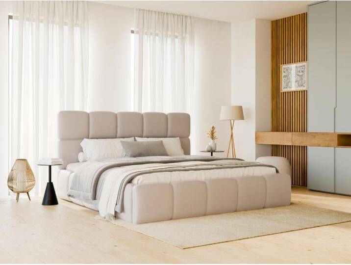 Bett mit Bettkasten - 180 x 200 cm - Stoff Leder-Optik - Beige + Matratze - DAMADO von Pascal Morabito von KAUF-UNIQUE.de