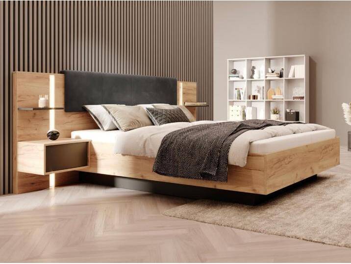 Bett mit Bettkasten mit Nachttischen + Matratze - 160 x 200 cm - Mit LED-Beleuchtung - Holzfarben & Anthrazit - ELYNIA von KAUF-UNIQUE.de