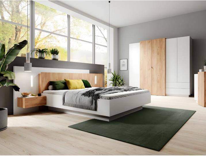 Bett mit Bettkasten mit Nachttischen - 160 x 200 cm - 2 Schubladen + LEDs - Weiß & Holzfarben - FRANCOLI von KAUF-UNIQUE.de