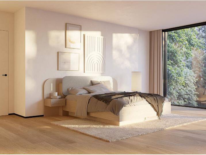 Bett mit Nachttischen 160 x 200 cm - Mit LEDs - Beige und Naturholz + Lattenrost - LYORIMA Bett mit Nachttischen 160 x 200 cm - Mit LEDs - Beige und Naturholz + Lattenrost - LYORIMA von KAUF-UNIQUE.de