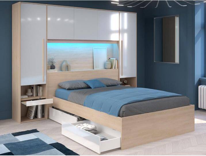 Bett mit Stauraum + Lattenrost + Matratze - 140 x 190 cm - Mit LED-Beleuchtung - Holzfarben & glänzend weiß - VELONA von KAUF-UNIQUE.de