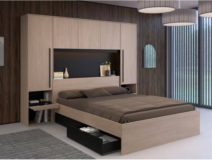 Bett mit Stauraum + Lattenrost + Matratze - 160 x 200 cm - Mit LED-Beleuchtung - Holzfarben & Schwarz - VELONA von KAUF-UNIQUE.de