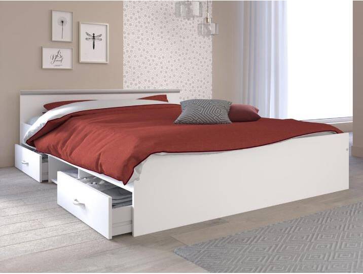 Bett mit Stauraum 140 x 190 cm - 2 Schubladen und 1 Ablagefach - Weiß + Lattenrost + Matratze - PABLO von KAUF-UNIQUE.de