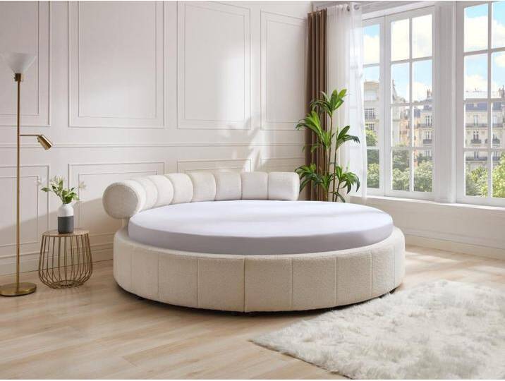Bett rund + Matratze - 220 x 220 cm - Bouclé-Stoff - Weiß - ROGILA von KAUF-UNIQUE.de