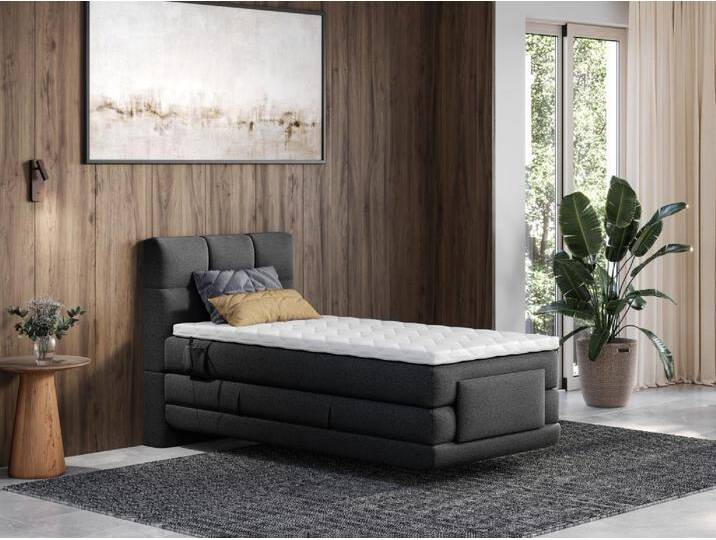 Boxspringbett mit gestepptem Kopfteil + elektrischem Untergestell mit Relaxfunktion + Matratze + Topper - 100 x 200 cm - Stoff - Anthrazit - LODI von PALACIO Boxspringbett mit gestepptem Kopfteil + elektrischem Untergestell mit Relaxfunktion + Matratze + Topper - 100 x 200 cm - Stoff - Anthrazit - LODI von PALACIO von KAUF-UNIQUE.de