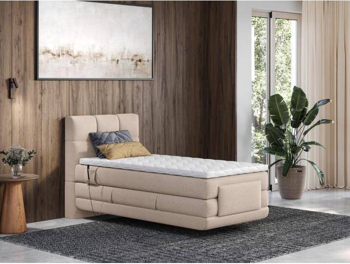 Boxspringbett mit gestepptem Kopfteil + elektrischem Untergestell mit Relaxfunktion + Matratze + Topper - 100 x 200 cm - Stoff - Beige - LODI von PALACIO Boxspringbett mit gestepptem Kopfteil + elektrischem Untergestell mit Relaxfunktion + Matratze + Topper - 100 x 200 cm - Stoff - Beige - LODI von PALACIO von KAUF-UNIQUE.de