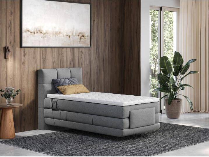 Boxspringbett mit gestepptem Kopfteil + elektrischem Untergestell mit Relaxfunktion + Matratze + Topper - 100 x 200 cm - Stoff - Hellgrau - LODI von PALACIO Boxspringbett mit gestepptem Kopfteil + elektrischem Untergestell mit Relaxfunktion + Matratze + Topper - 100 x 200 cm - Stoff - Hellgrau - LODI von PALACIO von KAUF-UNIQUE.de